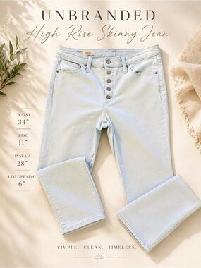 Madewell Style High Rise Skinny Jeans Button Fly Light Wash 34